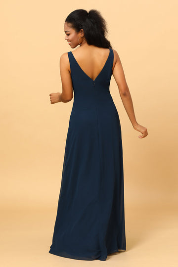 Dark Navy A Line V Neck Floor Length Chiffon Bridesmaid Dress with Slit